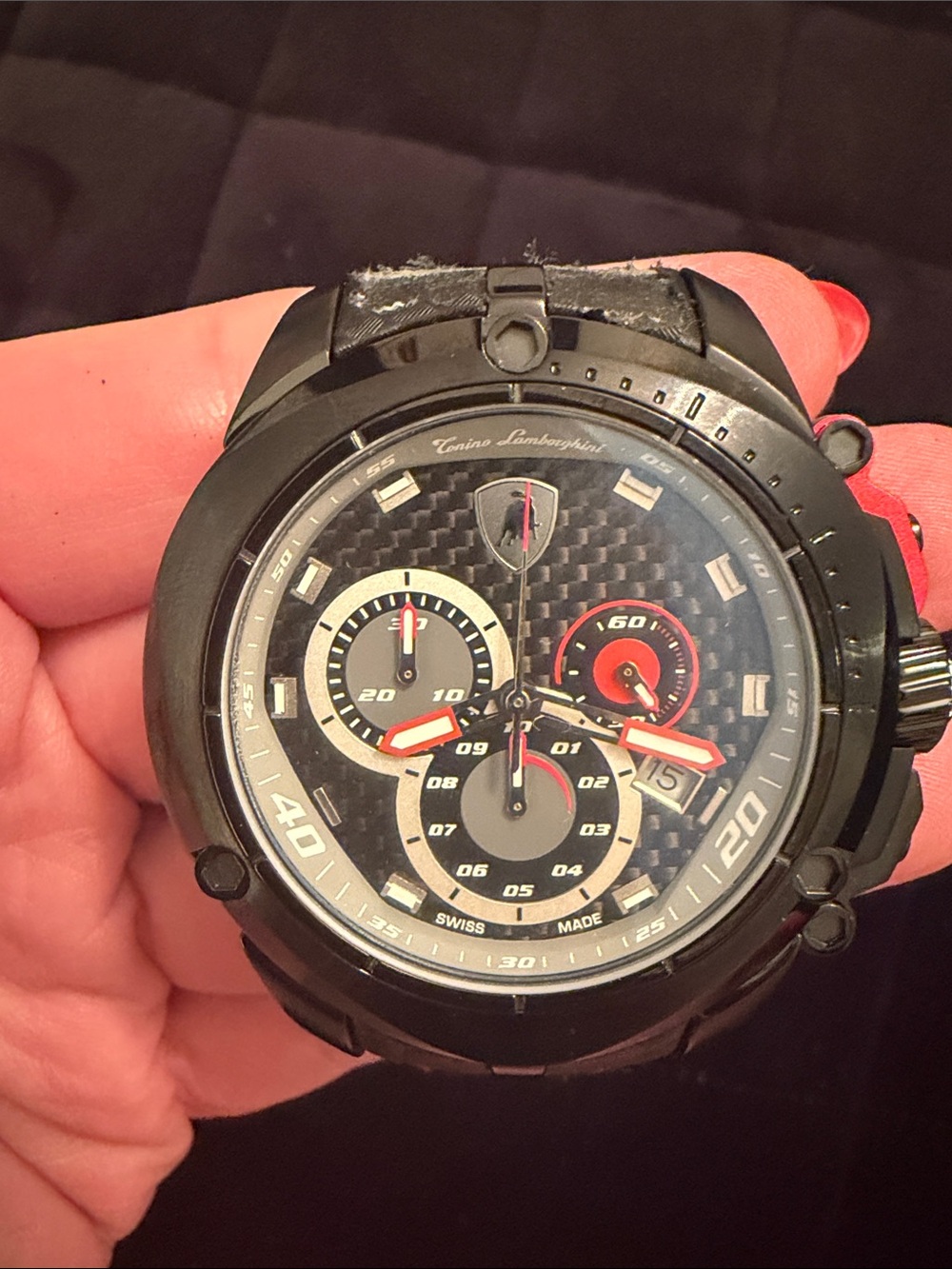 Lamborghini Black Watch with Red Accents and Carbon Dial